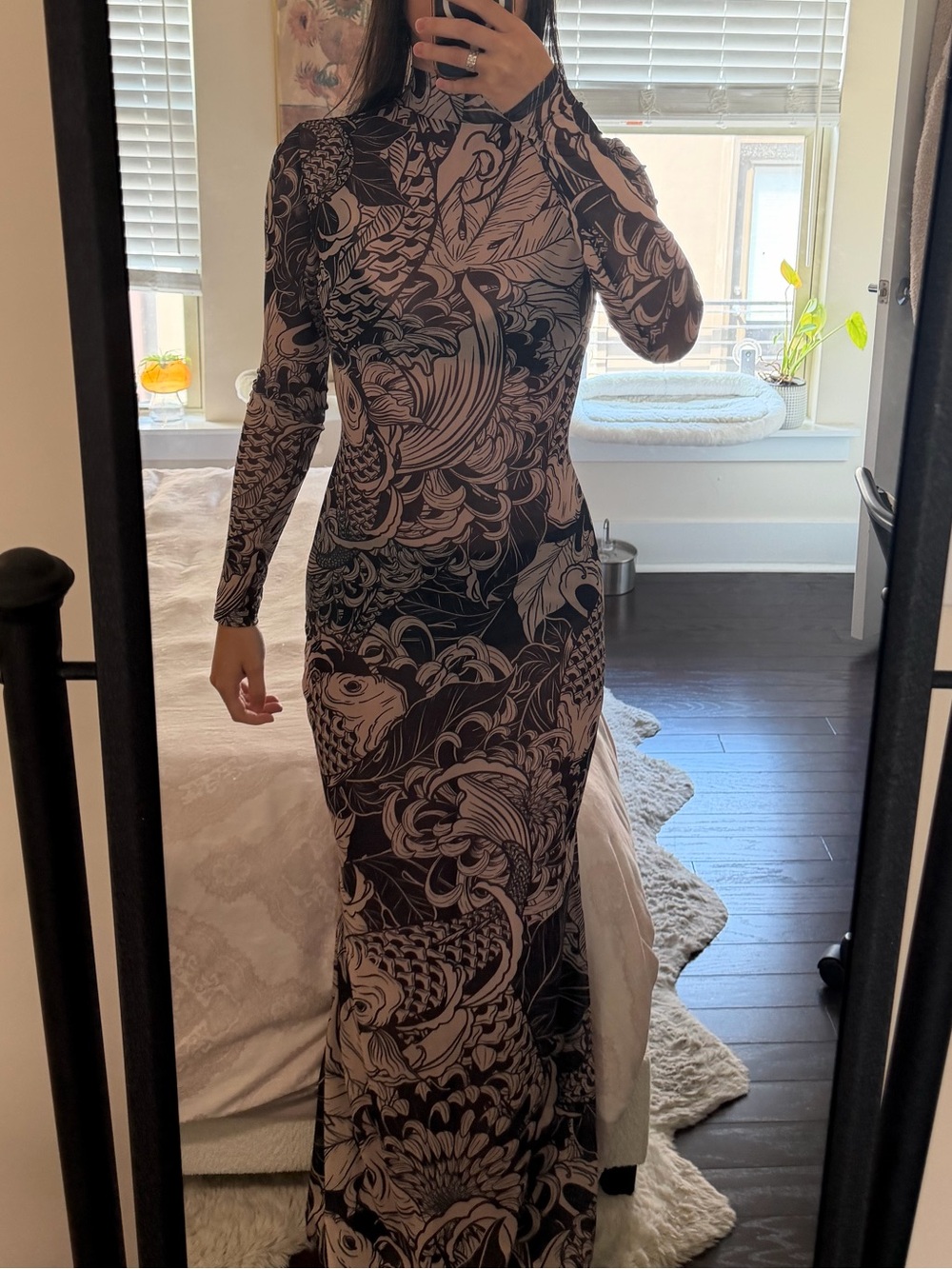 Long Sleeve Mesh Print Dress